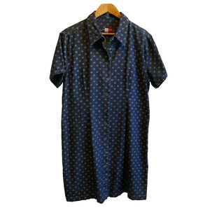 French Kuff Denim Collared Dress White Floral Pattern Detail Snap Closure XL